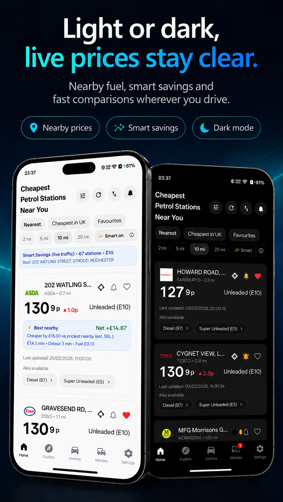 Route and Fuel app screenshot: Light or dark, prices stay clear