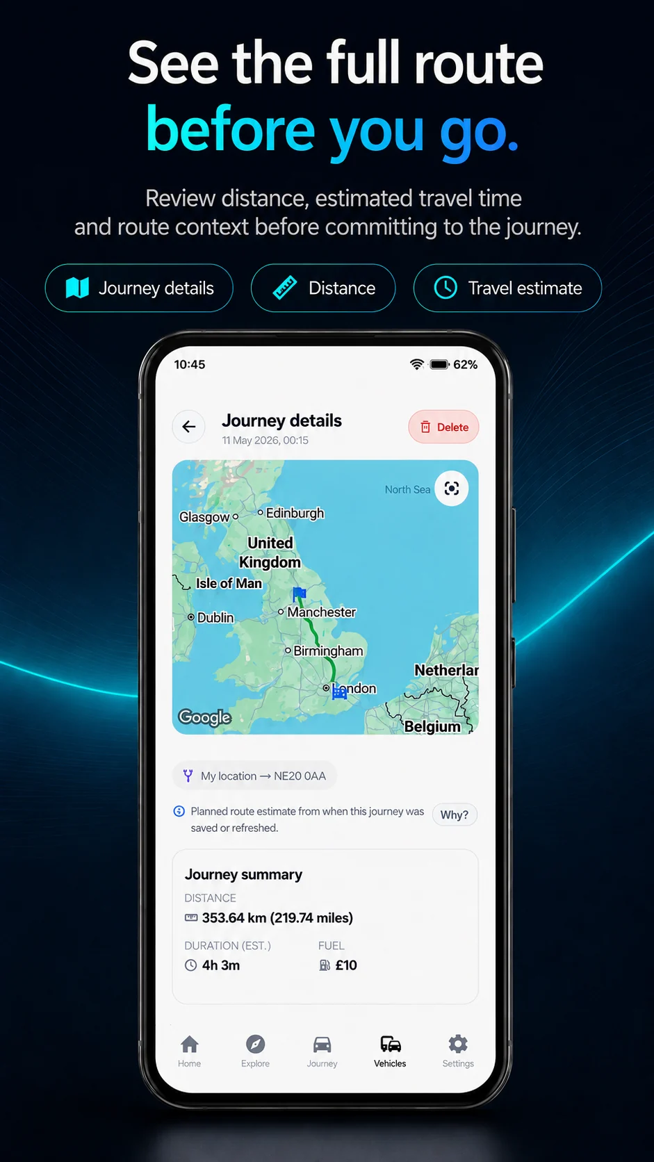 Route and Fuel app screenshot: See the full route before you go