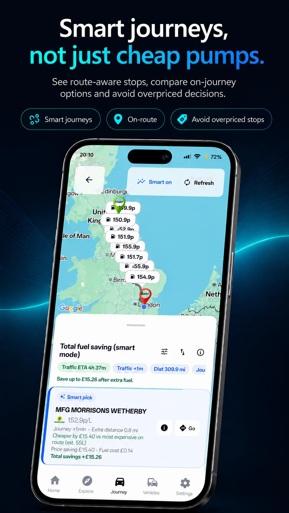 Route and Fuel app screenshot: Smart journeys, not just cheap pumps