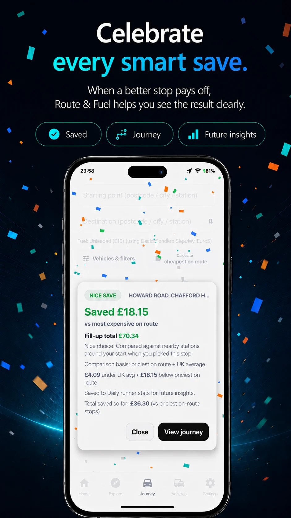 Route and Fuel app screenshot: Celebrate every smart save